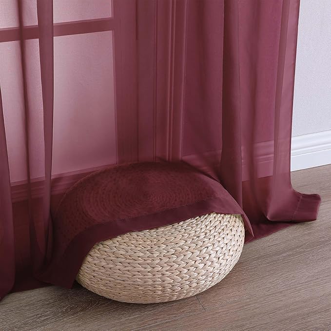 OWENIE Sheer Curtains 2 Panels Set for Bedroom Living Room, Soft Solid Rod Pocket Light Filtering Window Treatment, 2Pcs Each 59" W x 90" L, Burgundy Wine