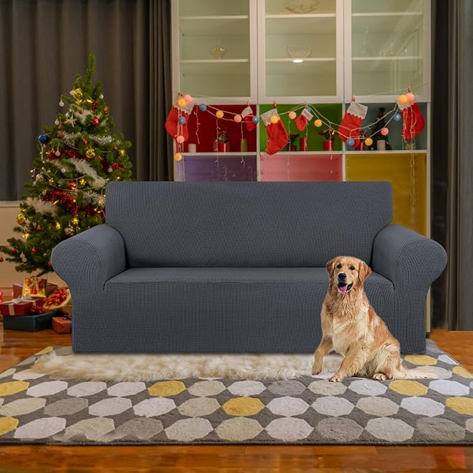 KEKUOU Stretch Loveseat Sofa Cover Slipcover,Couch Covers for 2 Cushion Couch Sofa (55"-78") Furniture Protector Sofa with Elastic Bottom for Kids,Dog. Jacquard Small Checked (Medium,Charcoal)