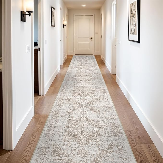 Hallway 3x20 Runner Rug - Non-Slip Vintage Long Rug for Entryway Low-Pile Washable Medallion Runner Rugs for Hallway Waterproof Traditional Runner Rug Indoor Thin Rug for Kitchen (Beige)