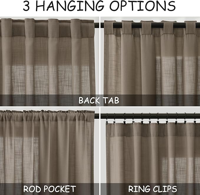 Dark Taupe Linen Curtains 96 Inches Long for Living Room Rod Back Tab Vintage Rustic Farmhouse Light Filtering Curtain Burlap Textured Linen Drapes 96 Inch Length for Dinning Room Bedroom 52x96 8FT