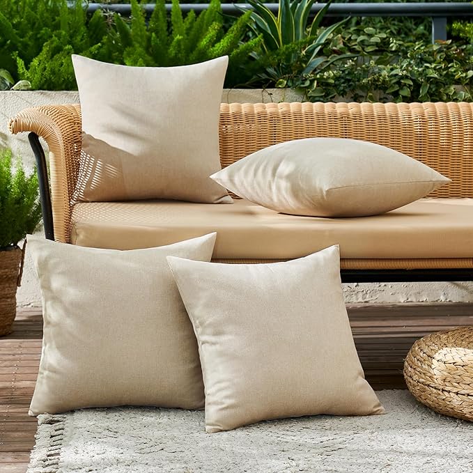 MIULEE Pack of 4 Decorative Outdoor Throw Pillow Covers Linen Waterproof Pillow Covers Farmhouse Cushion Cases for Patio Garden Tent Balcony Couch Sofa 16x16 inch Beige