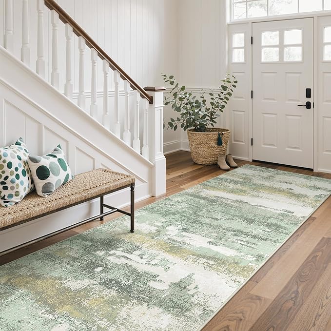 Runner Rug for Hallway Kitchen, 2'6"x6' Machine Washable Runners Rug for Entryway, Soft Modern Abstract Throw Rugs, Low Pile Floor Cover with Non Slip Backing, Light Green