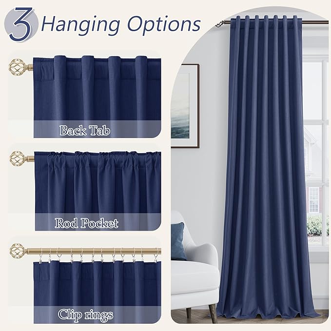 Guken 100% Blackout Curtains 100 Inch Length 2 Panels Set for Living Room Bedroom Back Tab Thermal Insulated Black Out Linen Drapes Room Darkening Window Curtains 100 Inches Long,Classic Blue