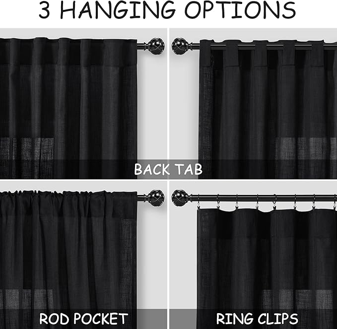 Nanspring Short Linen Kitchen Curtains 36 Inch Length,Over Sink Black Privacy Semi Sheer Curtains Back Tab and Rod Pocket Drapes for Basement Bathroom Window 42 x 36 Inch,2 Panels