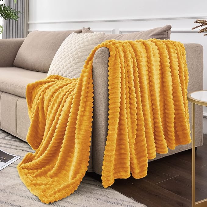 BEDELITE Fleece Blanket Twin Size – 3D Ribbed Jacquard Soft and Warm Decorative Fuzzy Blankets – Cozy, Fluffy, Plush Lightweight Throw Blankets for Couch, Bed, Sofa(Mustard Yellow, 60x80 inches)