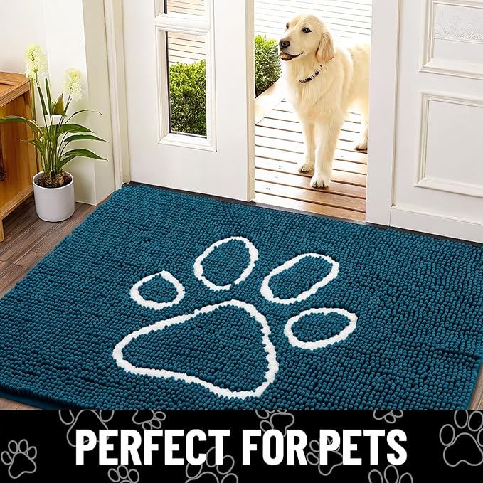 Smiry Dog Door Mat for Muddy Paws, Absorbent Dirt Trapper Non Slip Quick Dry Washable Chenille Mat for Mud Dogs, Entry Rug for Indoor and Outdoor (59x24 Inches, Atlantic Blue and White)