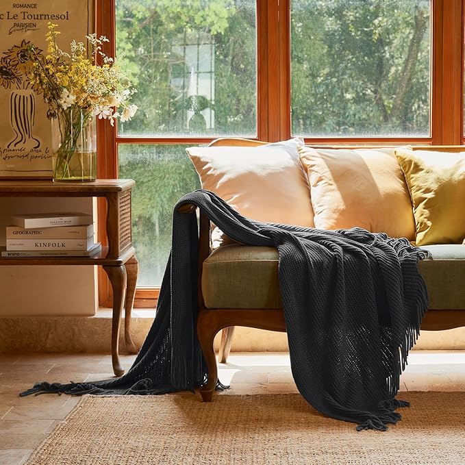 lifein Throw Blanket for Couch, Soft Boho Decor Bed Throw,Cozy Grey Knitted Chenille Small Farmhouse Lightweight Throw (Dark Grey,60 * 80")