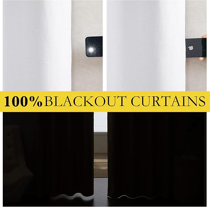NICETOWN 100% Absolutely Blackout Linen Curtains with Thermal Insulated White Liner, White, 42 inches Wide, 84 inches Length Energy Saving Curtains for Living Room 2 Panels Set, Vertical Blinds