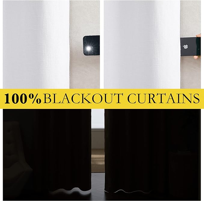 NICETOWN 100% Absolutely Blackout Linen Curtains with Thermal Insulated White Liner, White, 42 inches Wide, 63 inches Length Energy Saving Curtains for Cupboard 2 Panels Set, Vertical Blinds
