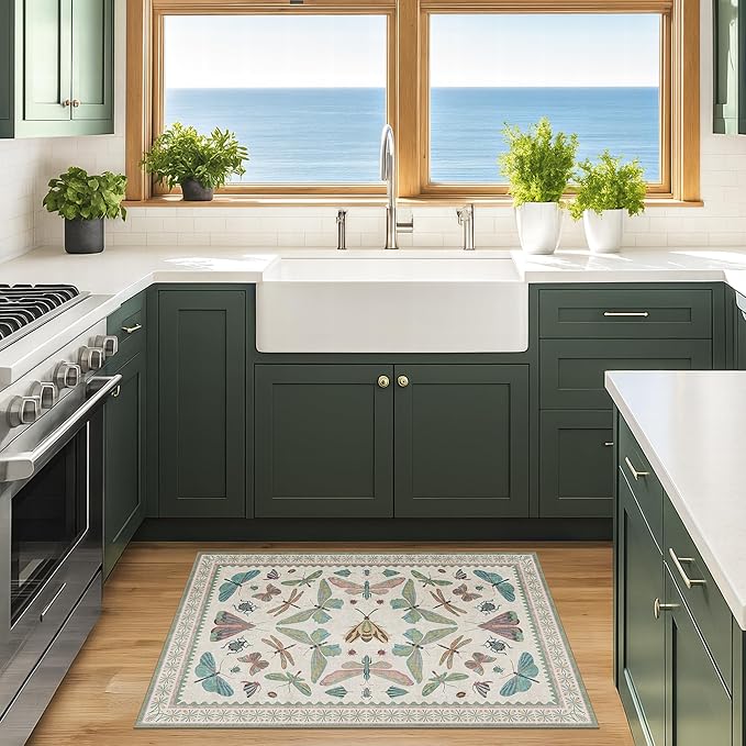 Hazo Haus Washable Boho Bathroom Rug 2x3, Small Throw Rugs for Kitchen, Powder Room, Front Door Indoor Entrance, Non Slip Low Pile Stain Resistant, Dusty Green Colorful Cool Insect Aethestic
