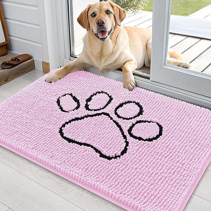 OLANLY Dog Door Mat for Muddy Paws 36x24, Paw Print Design, Absorbs Moisture and Dirt, Absorbent Non-Slip Washable Doormat, Quick Dry Chenille Mud Mat for Dogs, Entry Indoor Entryway Carpet, Pink