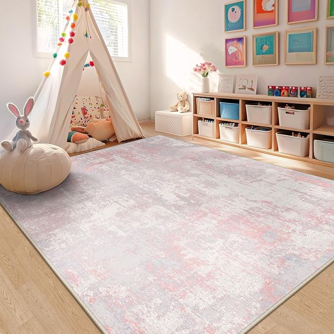 Washable Area Rugs 5'x8' Non-Slip Modern Abstract Soft for Living Room Entryway Bedroom Nursery, Print Pattern, Grey Pink