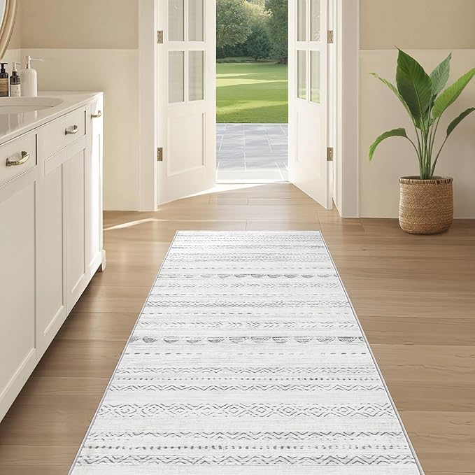 Nakagishi Runner Rug Kitchen Washable Rugs: 3x8 Non-Slip Boho Soft Modern Stain Resistant Indoor Floor Neutral Farmhouse Throw Carpet for Hallway Bathroom Laundry Room Entryway Bedroom- Grey