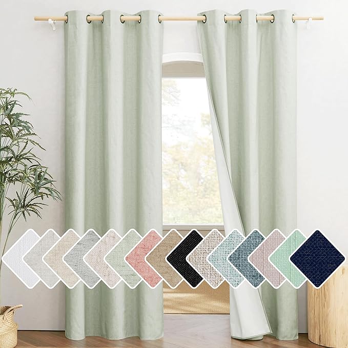 NICETOWN Sage Green 100% Blackout Linen Texture Curtains 84 inches Long 2 Panels for Boy's Room, Thermal Insulated Full Blackout 2-Layer Lined Cold Reducing Drapes, Energy Efficiency Window Draperies