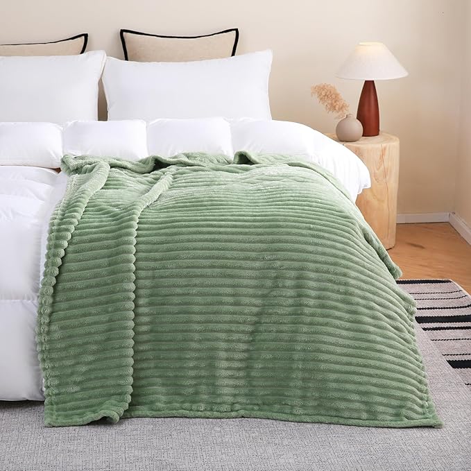 Sage Green Fleece Throw Blanket 108”×90” for Couch Sofa Bed,Super Soft Cozy Plush Microfiber Flannel Blanket with Stripes Design Lightweight for Adults,Woman,Girls
