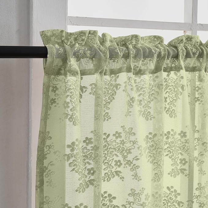 YJ YANJUN Vintage Lace Curtains 36 Inch Length-Victorian Floral Pattern Boho Sage Green Kitchen Window Curtains Over Sink Set of 2 Camper Window Privacy Drapes that Let Light in Spring 26x36 Inch