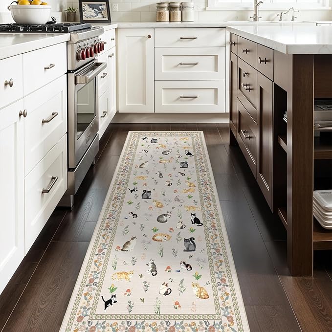 2'6"x8' Washable Kitchen Runner Rug - Soft Low Pile Floral Animal Cat Print Rugs with Non-Slip Backing Waterproof Stain-Resistant Indoor Carpet for Hallway Entryway Bathroom Bedroom (Light Beige)
