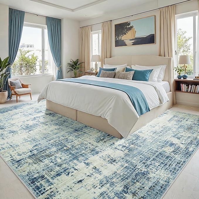 8x10 Area Rugs for Living Room Washable Rug: Anti-Skid Abstract Modern Living Room Rug Soft Thin Carpets Indoor Floor Non-Shedding Carpet for Bedroom Dining Farmhouse Nursery Blue Gray Gold