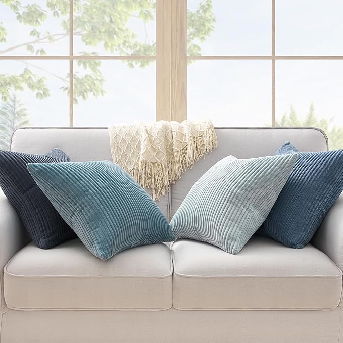 Topfinel BlueGray Decorative Throw Pillow Covers 16x16 Inch Set of 4,Soft Accent Corduroy Striped Gradient Color Small Cushion Cover for Beach,Patio,Balcony,Couch Living Room,Summer Home Decor
