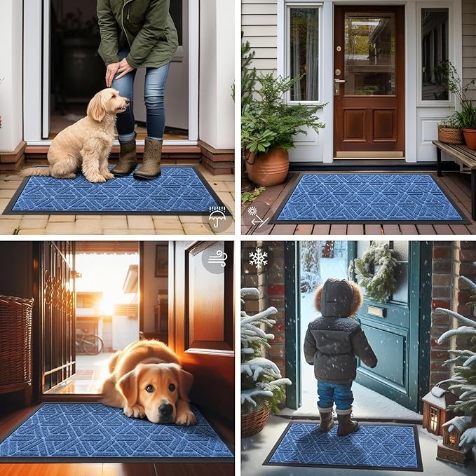 Smiry Front Door Mat Outside Entrance, Heavy Duty Sturdy Natural Rubber Doormat, Trap Dirt and Moisture, Easy Clean Low Profile Mats for Indoor Outdoor Entry, Grid Geometric (35x23, Blue)