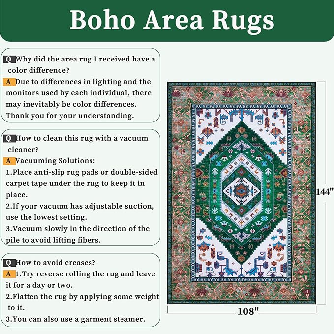 SERISSA 9x12 Area Rugs for Living Room, Large Washable Non-Slip Boho Rug, Ultra Soft Vintage Green White Oriental Tribal Print Distressed Carpet for Dining Room Bedroom Dorm Office Home Decor