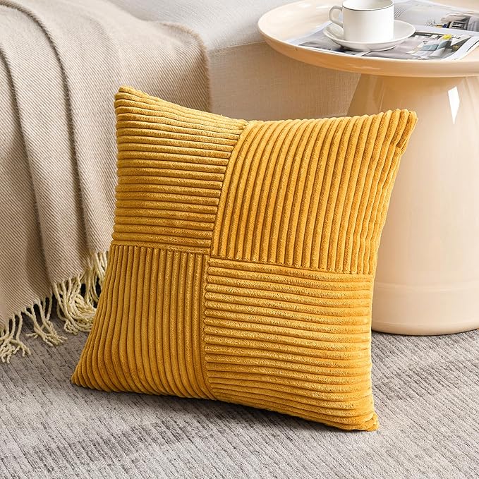 Fancy Homi 2 Packs Gold Yellow Samll Decorative Throw Pillow Covers 14x14 Inch with for Couch Bed Sofa, Farmhouse Boho Spring Home Decor, Soft Corss Patchwork Corduroy Square Cushion Case 35x35 cm