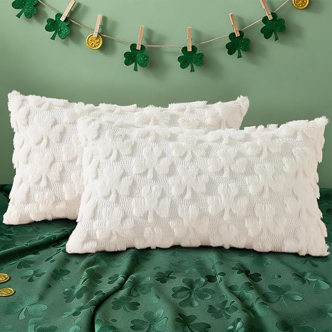 decorUhome St. Patrick’s Day Shamrock Pillow Covers 12x20 Inch Set of 2, Soft Plush Faux Wool Cream White Throw Pillow Covers, Farmhouse Spring Holiday Decor for Sofa Living Room