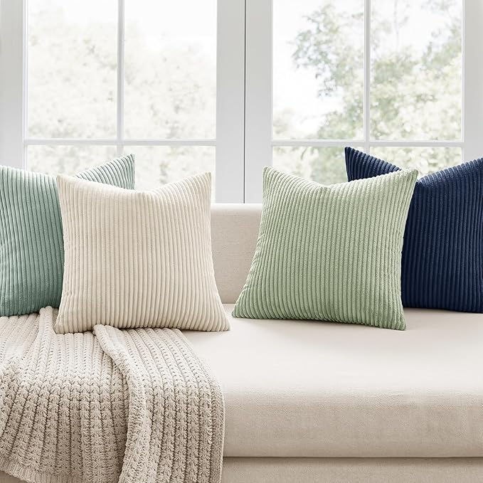 MIULEE Boho Farmhouse Muted Teal Throw Pillow Covers 18x18 Inch Set of 4 Mordern Nordic Cushion Covers Soft Corduroy Spring Home Decor for Couch Bed Sofa Living Room