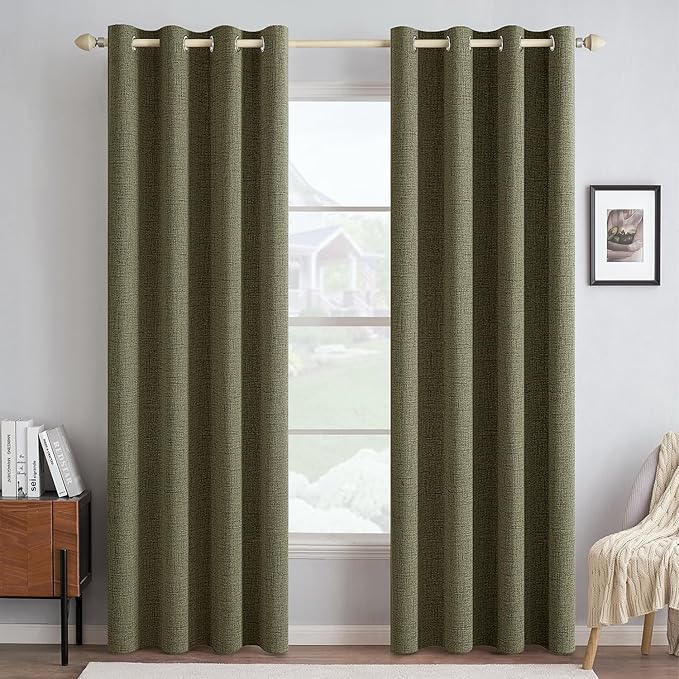 MIULEE Linen Texture Curtains for Bedroom Solid 100% Blackout Thermal Insulated Light Olive Green Curtains Grommet Room Darkening Drapes for Living Room Nursery 52x72 Inch (2 Panels)