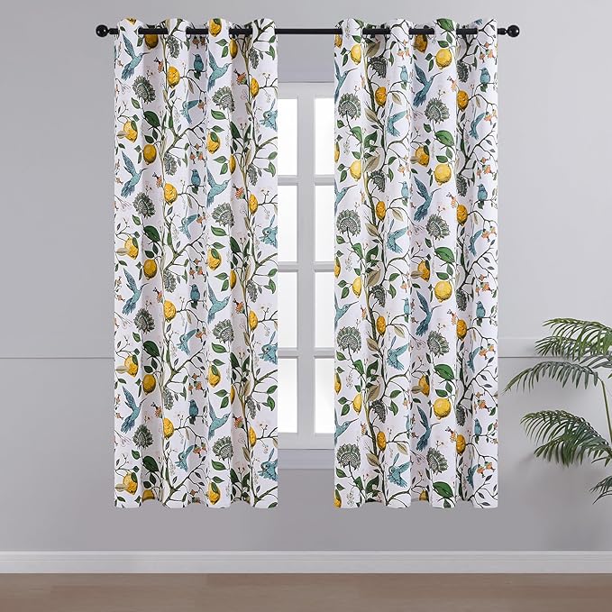 Topfinel White Pretty Pioneer Woman Blackout Curtains 63 Inches Length 2 Panels, Aesthetic Retro Botanical Floral Hummingbird Printed Soundproof Grommet Drapery Treatment for Nursery Kid Classroom
