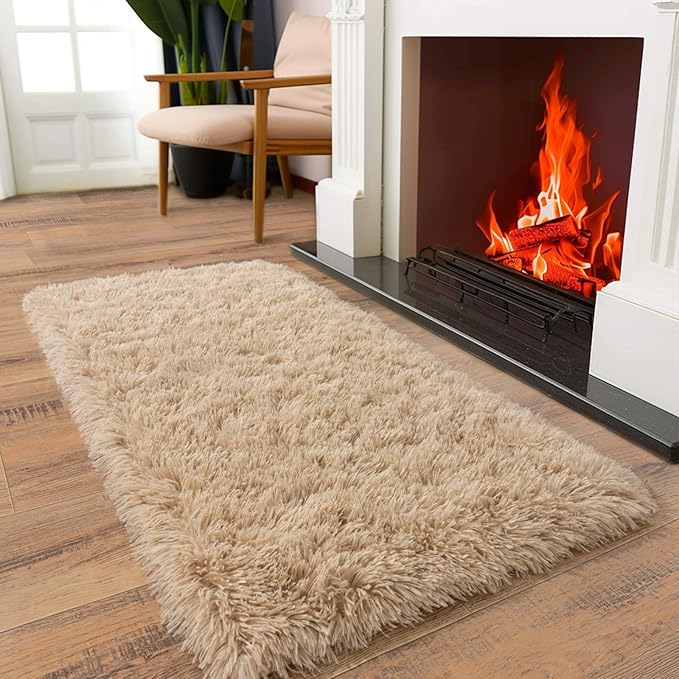 Soft Runner Rugs for Bedroom Hallways, 2x4 Beige Fluffy Shag Throw Area Rug Non Slip for Bedside Dorm, Long Shaggy Furry Carpet for Nursery Living Room