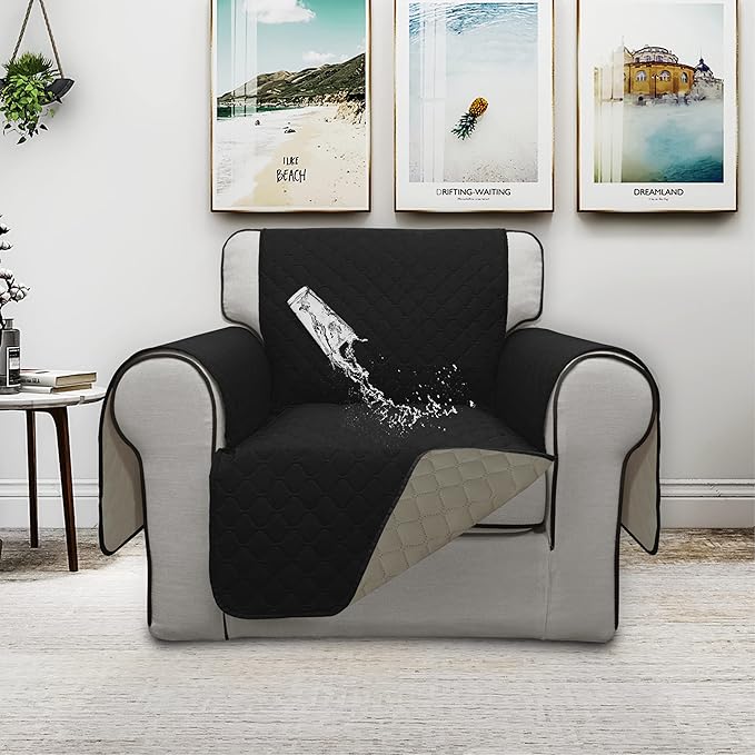 ISSUNTEX Double Protection 100% Waterproof Chair Sofa Cover for Living Room, Reversible Furniture Protector for Dogs, Pets, Kids (Chair, Black/Beige)