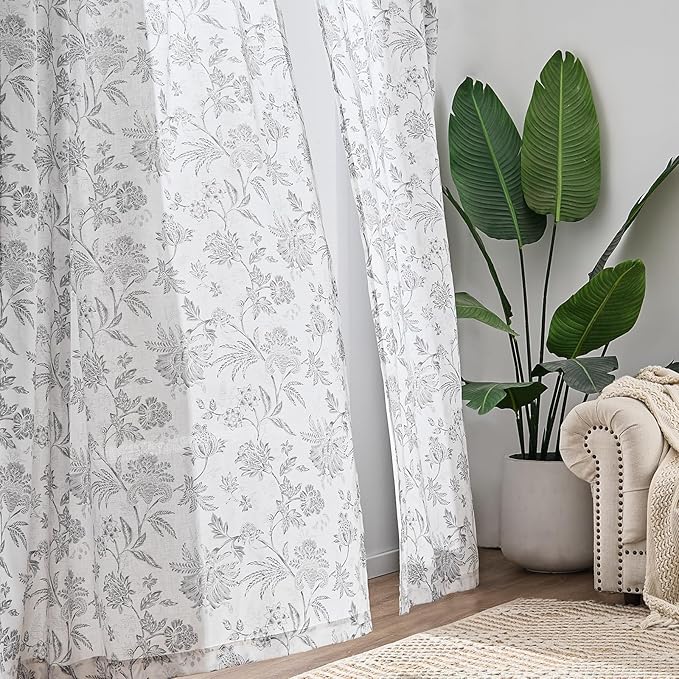 jinchan Linen Floral Curtains for Living Room, 84 Inch Length Curtains with Printed Flower Light Filtering Curtain, Rod Pocket Back Tab Gray Window Curtain Set, 2 Panels Light Grey on White