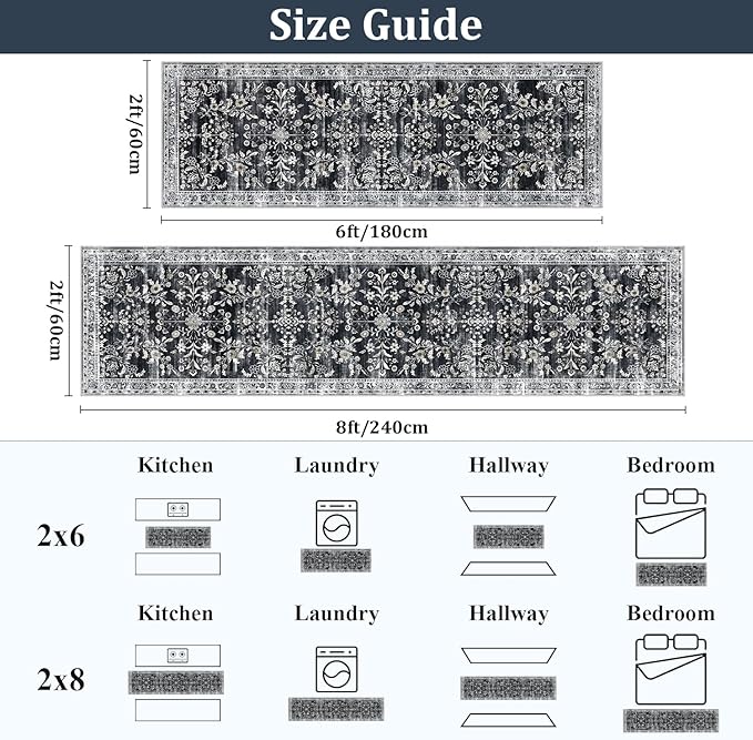 Yamaziot Washable Runner Rug 2x8 – Non Slip Boho Floral Hallway Runner Rug with Rubber Backing, Low Pile Faux Wool Distressed Carpet for Kitchen, Laundry, Bedroom, Entrance, Navy/Black