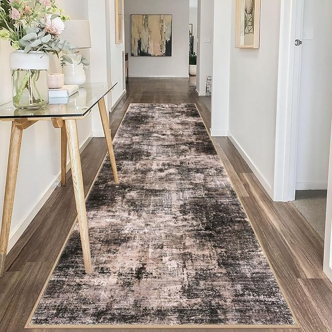 IOHOUZE Abstract Runner Rug 3x10 Ft Washable Runners for Hallways, Non Slip Kitchen Runner Printed Faux Wool Entryway Runner Indoor, Modern Abstract Floor Carpet for Hall Bedroom, Brown/Rust