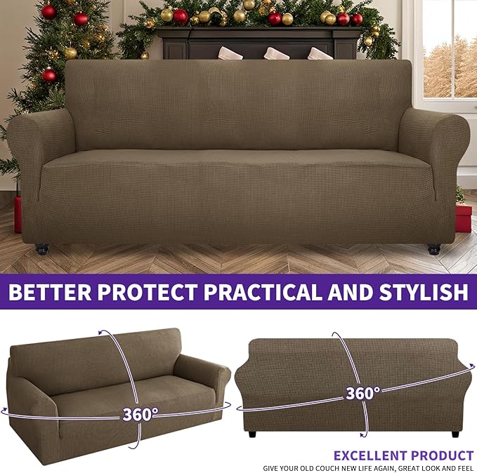 ZNSAYOTX Super Stretch Couch Cover (72"-92") Universal Sofa Covers with Elastic Bottom, Dog Cat Pets Friendly Washable Furniture Protector Fitted Sofa Slipcovers Stay in Place (Brown, Sofa)