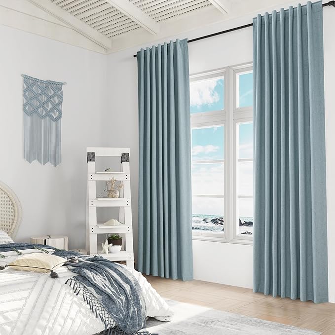 Guken Blue 100% Blackout Linen Curtains 80 Inch Length 2 Panels Set for Living Room Bedroom Back Tab Thermal Insulated Black Out Drapes Room Darkening Window Curtains 80 Inches Long Dusty Blue