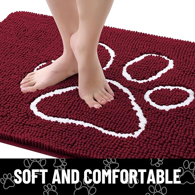 Smiry Dog Door Mat for Muddy Paws, Absorbent Dirt Trapper Non Slip Quick Dry Washable Chenille Mat for Mud Dogs, Entry Rug for Indoor and Outdoor (30x20 Inches, Burgundy and White)