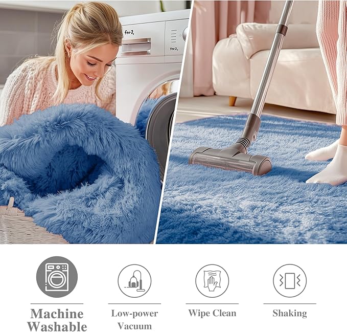 OLANLY Blue Round Rugs for Bedroom - Machine Washable, 5 ft Circle Area Rugs for Living Room, Soft and Fluffy Shaggy Carpet for Teen Girl and Boys, Nursery Rooms, Dorms, Home Decor Aesthetic