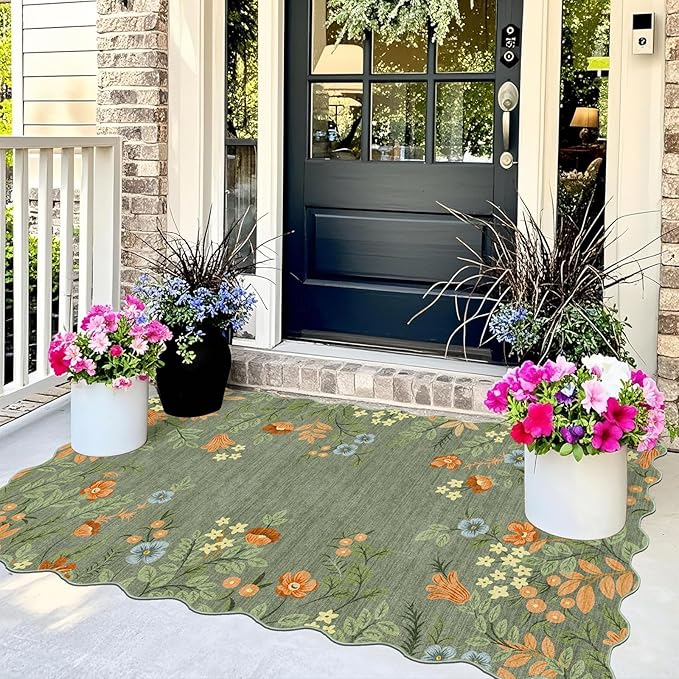 Sage Green Floral Entry Rug - 3x5 Ft Washable Indoor Outdoor Mats for Front Door Non-Slip Porch Rug Non-Slip Boho Throw Rugs for Living Room Bedroom Entryway Kitchen Office Porch Decor