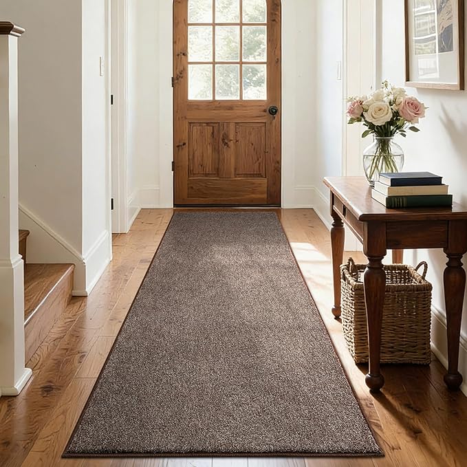 FinRèc 2x6 Washable Runner Rugs for Kitchen Hallway Bedroom, Low Pile Thin Rug Solid Color, Non-Slip Carpet Indoor for Home Decor (Brown)