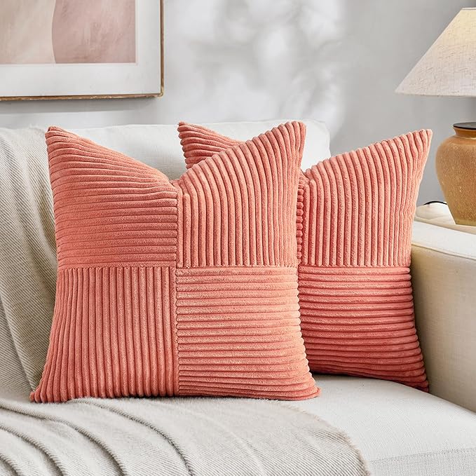 Fancy Homi 2 Packs Coral Decorative Throw Pillow Covers 22x22 Inch for Living Room Couch Bed, Rustic Farmhouse Boho Home Decor, Soft Corss Corduroy Patchwork Accent Square Cushion Case 55x55 cm