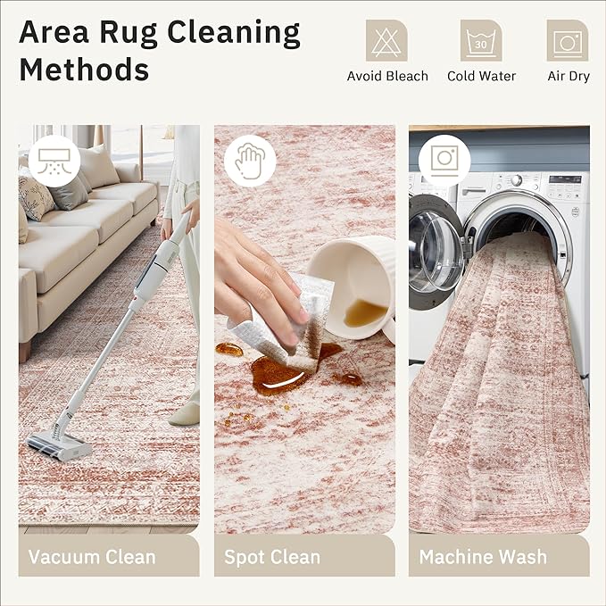Soalmost 9x12 Area Rugs for Living Room, Non Slip Machine Washable Vintage Rugs, Low Pile Lightweight Large Rug for Bedroom, Dining Room, Home Office Pink