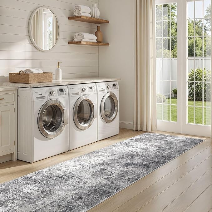 UERMEI 2X10 Washable Runner Rug for Hallway: Soft Neutral Modern Abstract Area Rug - Non-Slip Low Pile Long Throw Indoor Carpet for Kitchen Entryway Kitchen Bedroom Laundry - Grey