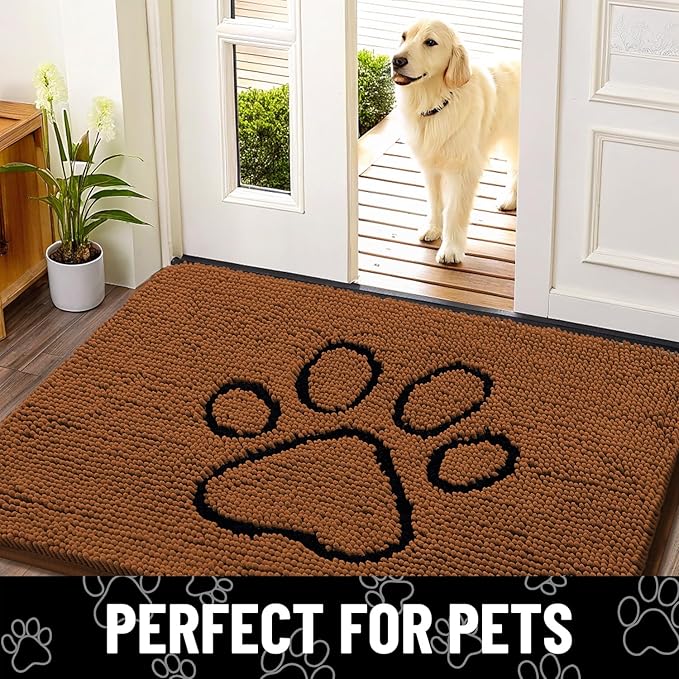 Smiry Dog Door Mat for Muddy Paws, Absorbent Dirt Trapper Non Slip Quick Dry Washable Chenille Mat for Mud Dogs, Entry Rug for Indoor and Outdoor (48x30 Inches, Ochre and Black)
