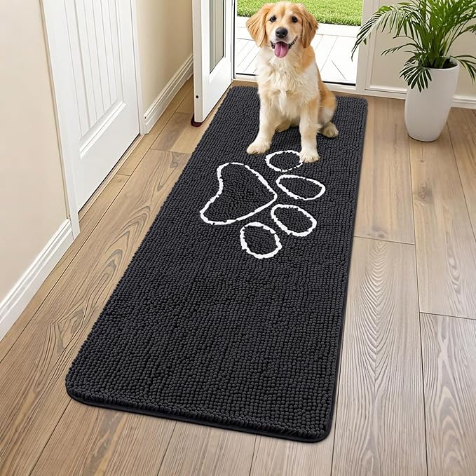 Smiry Dog Door Mat for Muddy Paws, Absorbent Dirt Trapper Non Slip Quick Dry Washable Chenille Mat for Mud Dogs, Entry Rug for Indoor and Outdoor (54x24 Inches, Black and White)