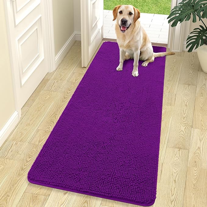 OLANLY Dog Door Mat for Muddy Paws 70x24, Absorbs Moisture and Dirt, Absorbent Non-Slip Washable Doormat, Quick Dry Chenille Mud Mat for Dogs, Entry Indoor Entryway Carpet for Inside Floor, Purple