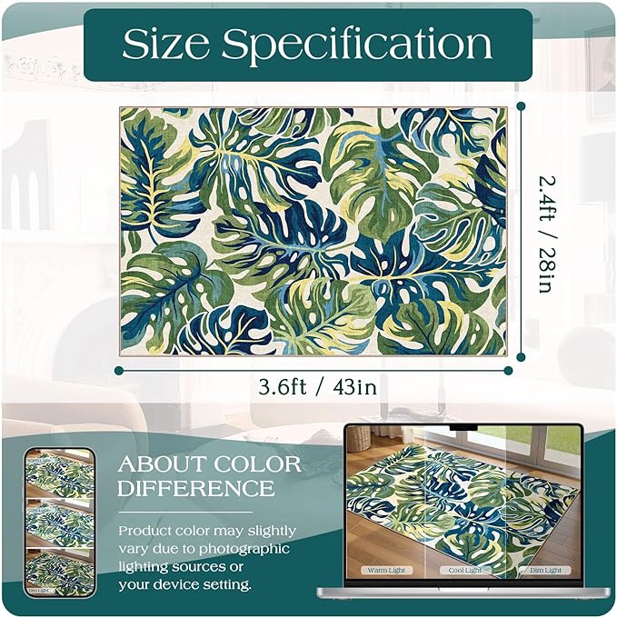 Boho Outdoor Rug - 28" x 43" Front Door Mat Indoor Outside Entrance Non-Slip Washable Outdoor Mat Tropical Green Blue Leaf Rug for Entryway Kitchen Bedroom Layered Doormat for Front Porch