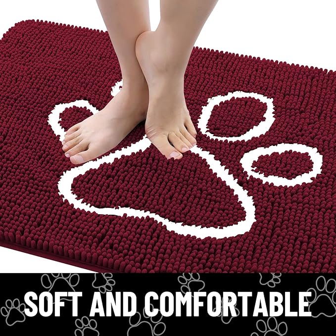 Smiry Dog Door Mat for Muddy Paws, Absorbent Dirt Trapper Non Slip Quick Dry Washable Chenille Mat for Mud Dogs, Entry Rug for Indoor and Outdoor (24x16 Inches, Burgundy and White)