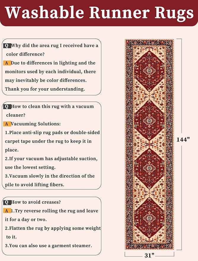 SERISSA Runner Rug for Hallways, 2'6"x12' Washable Non Slip Kitchen Runner Rug, Extra Long Boho Rug Ultra Soft Vintage Red Black Print Floor Carpet for Bedroom Hallway Entryway Bathroom Laundry Room